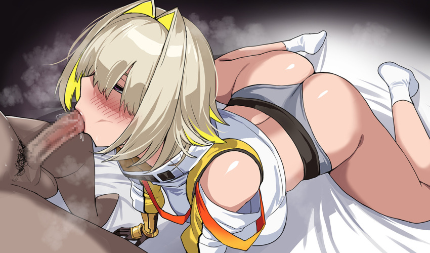 1boy 1girls anonymous_male ass blonde_hair blowjob breasts censored clothed_female_nude_male drogod_(artist) elegg_(nikke) female goddess_of_victory:_nikke huge_breasts large_ass large_breasts light-skinned_female light_skin male mosaic_censoring naughty_face short_hair thick_thighs wide_hips