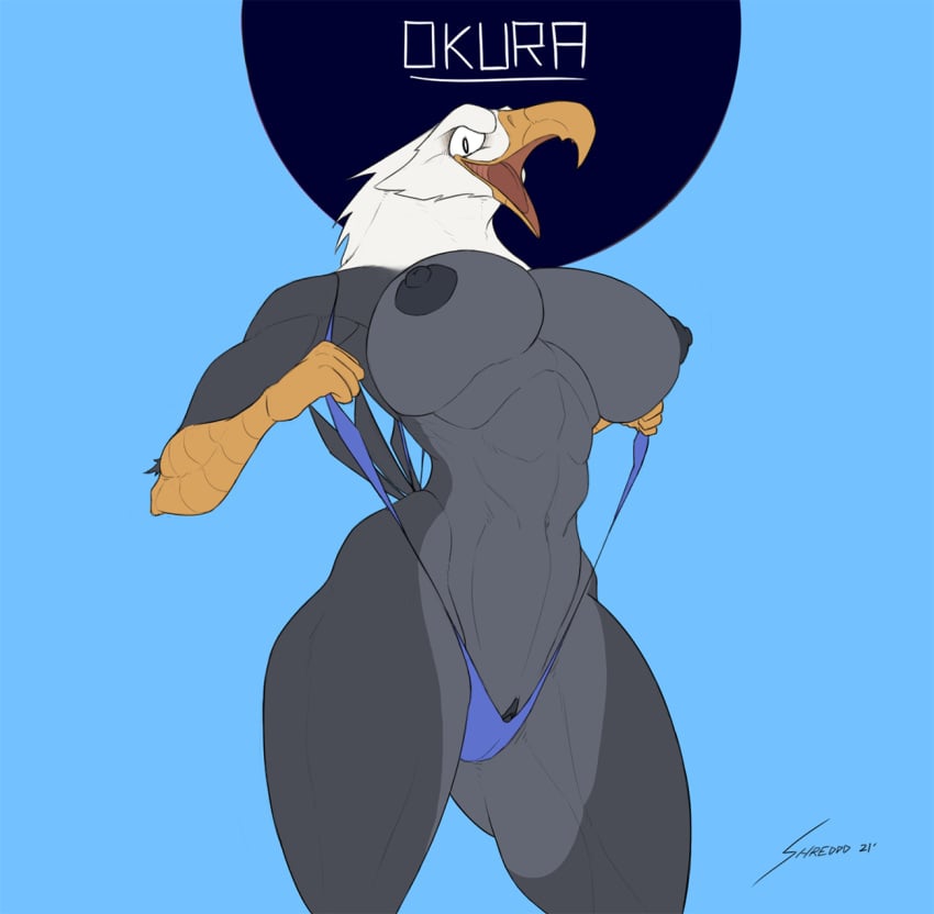 2021 abs accipitrid accipitriform anthro areola avian bald_eagle beak biceps big_breasts big_nipples bikini bird black_body blue_clothing blue_swimwear breasts cameltoe character_name clitoral_hood clitoris clothed clothing curvy_figure deltoids digital_media_(artwork) eagle exposed_breasts feathers female genitals hi_res muscular muscular_anthro muscular_female naughty_face navel nipples non-mammal_breasts okura_(jelomaus) open_mouth pose puffy_nipples sea_eagle shredded_wheat signature simple_background skimpy sling_bikini smile solo swimwear tail_feathers thick_thighs tongue wide_hips yellow_beak