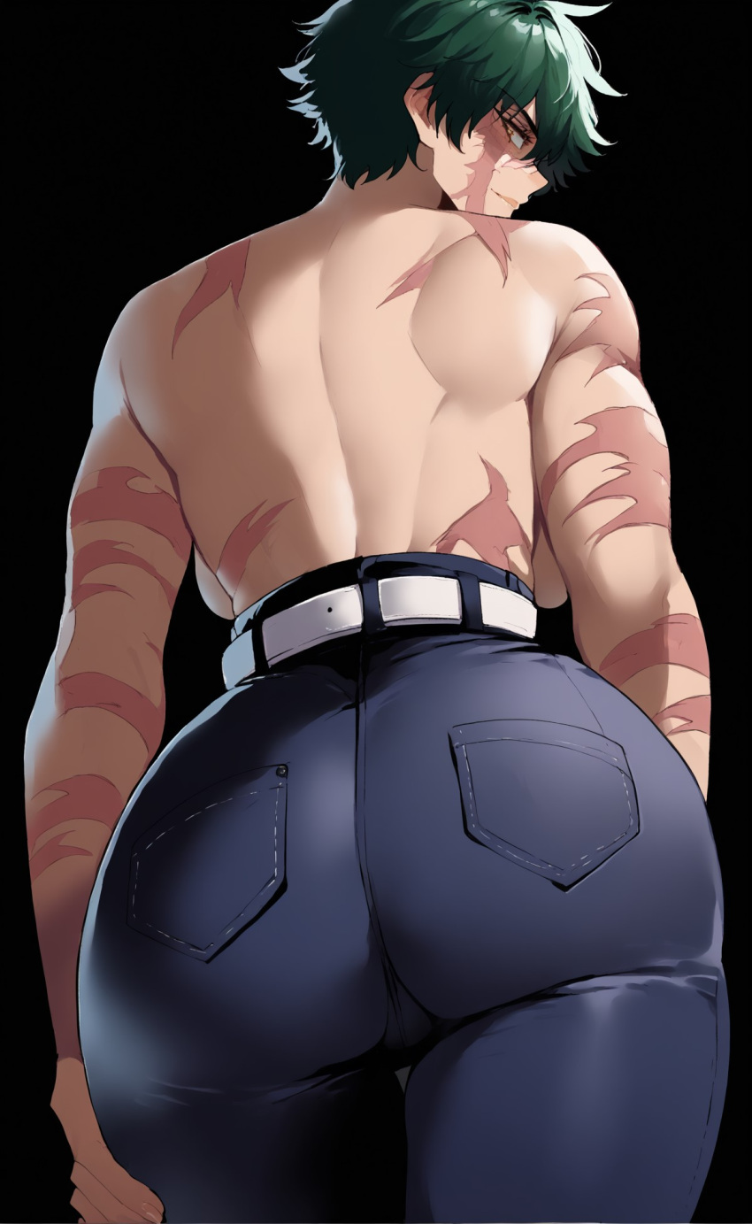 1girls ai_generated ass back_view backboob big_ass breasts burn_scar female golden_eyes jujutsu_kaisen kelly_ai muscular_female pants scar short_hair solo_female topless zenin_maki