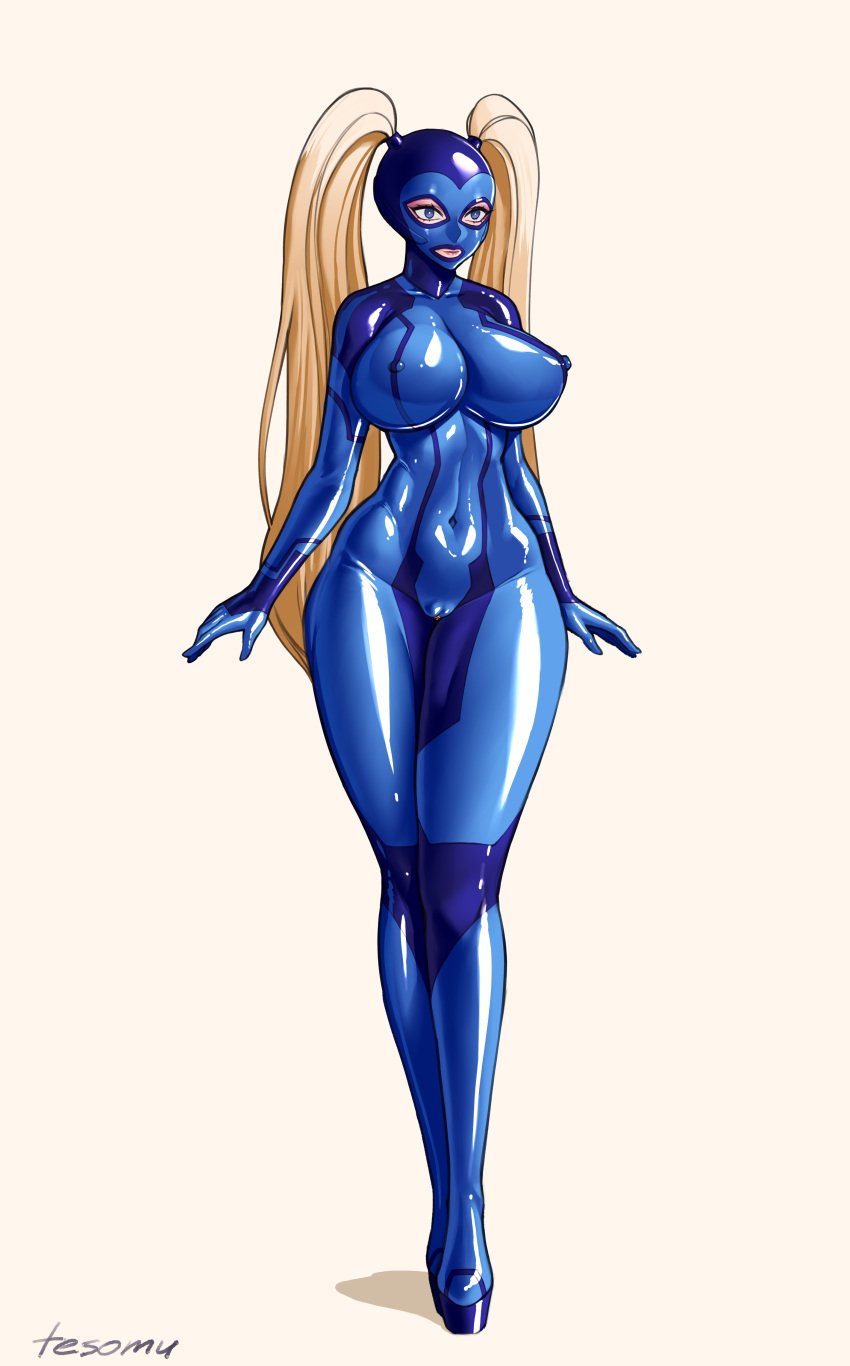 big_breasts bondage_hood female female_only fully_clothed gimp gimp_mask high_heels latex latex_bodysuit latex_clothing latex_mask latex_suit metroid nintendo nipple_bulge platform_heels samus_aran shiny_clothes tesomu tight_clothing twintails zero_suit zero_suit_samus