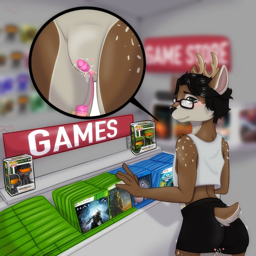 ambiguous_gender andromorph anthro antlers black_hair brown_body brown_fur cuntboy deer eyewear fur ghostlycream glasses green_eyes hair halo_(series) hi_res horn intersex mammal microsoft public sex_toy shy solo spots vibrator video_games xbox_game_studios