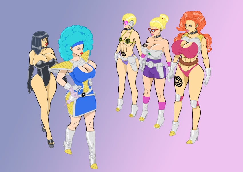 afro angela_(dragon_ball) banedearg brainwashing bulma_(afro) bulma_briefs corruption dragon_ball enemy_conversion erasa high_heel_boots high_heels huge_breasts mai_(dragon_ball) mind_control miss_hamilton pink-tinted_eyewear platform_heels revealing_clothes scouter thick_thighs tinted_eyewear wide_hips