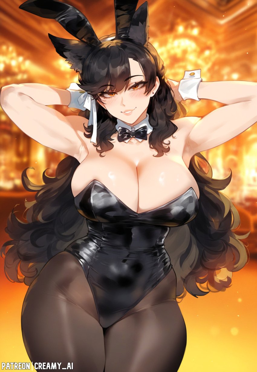 1girls 2024 ai_generated anime_nose atago_(azur_lane) azur_lane black_hair brown_eyes bunny_club bunny_girl cleavage clothed_female creamy_ai curvy female_only large_breasts long_hair patreon_username playboy_bunny thick_thighs wide_hips