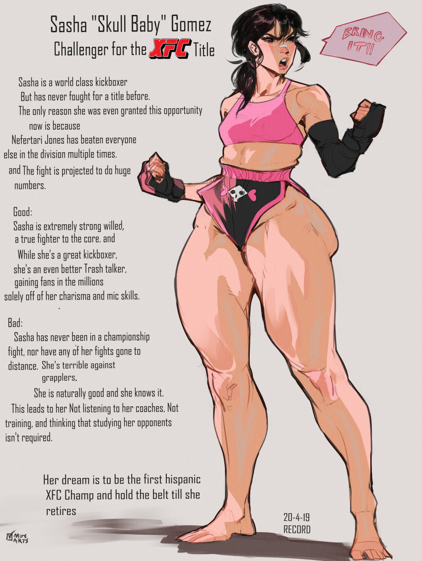 1girls 2023 barefoot black_hair brown_eyes character_sheet english_text fighter fingerless_gloves grey_background latina magicmoonsarts sasha_gomez short_shorts solo solo_female thick_thighs