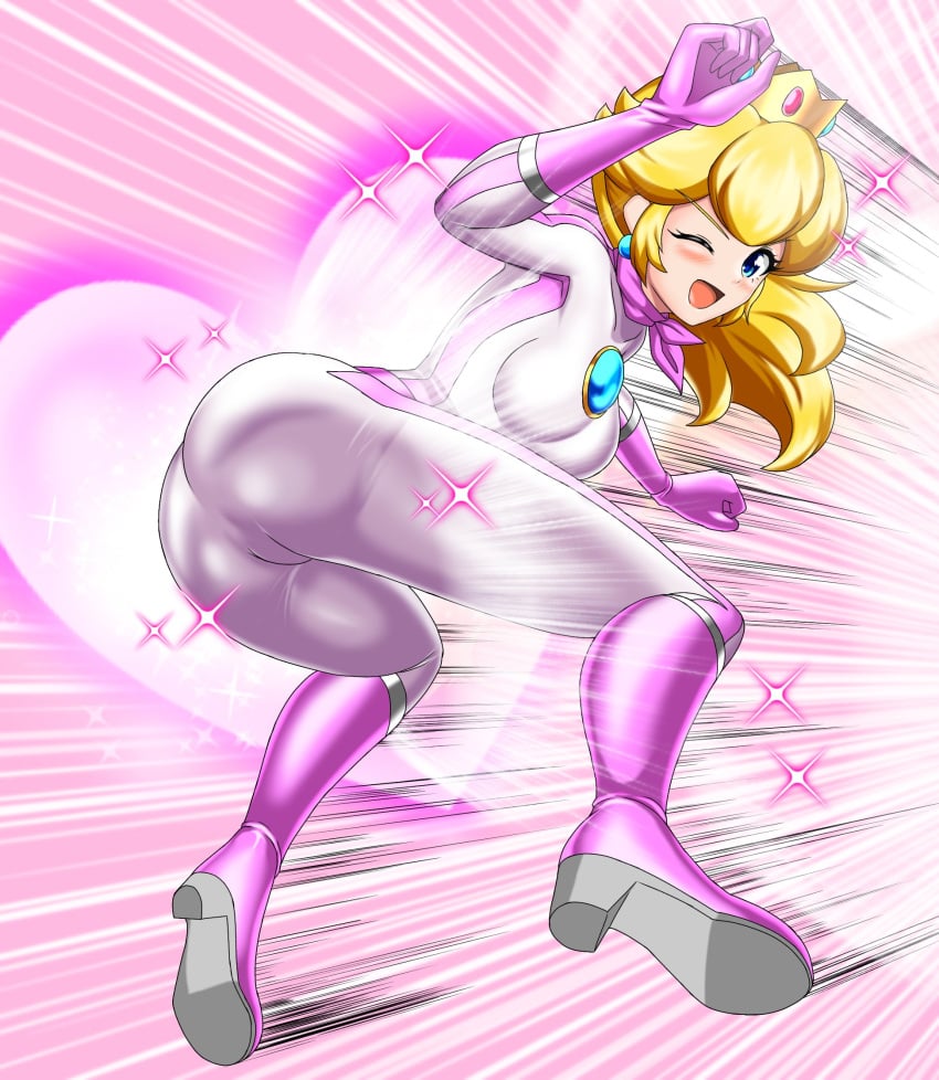 ass blonde_hair bodysuit breasts clothing female female_only irohazakayouth mario_(series) mario_kart nintendo one_eye_closed open_mouth princess_peach solo tagme