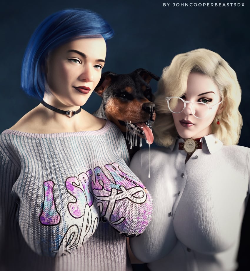 1boy 2girls 2girls1boy 3d 3d_(artwork) ally_jcbst3dx animal_genitalia animal_penis big_breasts blonde_hair blue_hair canine choker clothed daz3d daz_studio european_female female glasses high_heels johncooperbeast3dx male office_lady original_character realistic small_penis straight sweater threesome valerie_jcbst3dx zoophilia