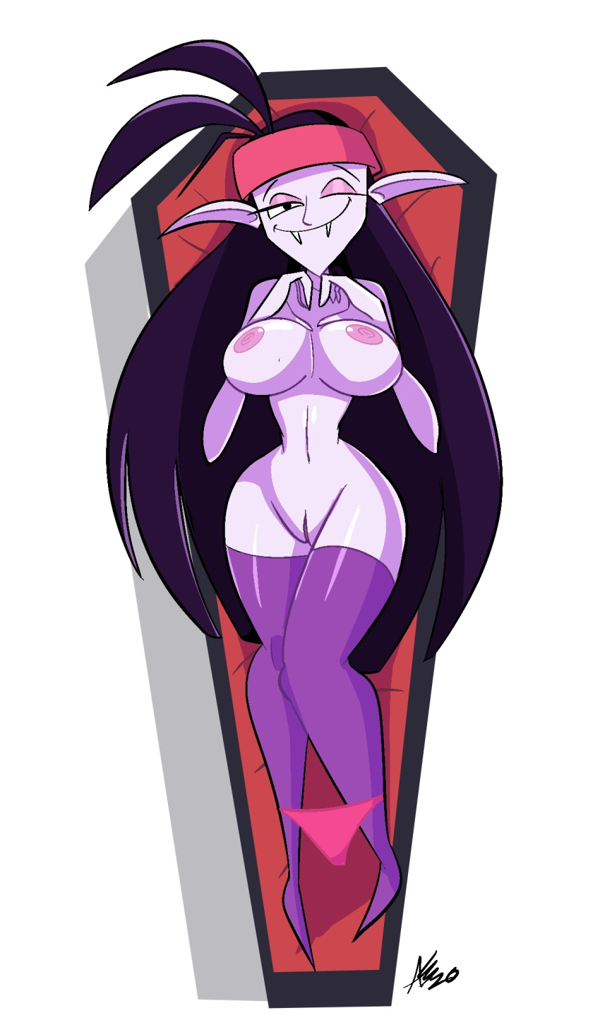 atomickingboo belly big_breasts black_hair breasts coffin cute_fangs erect_nipples fangora_dracula fangs female female_focus female_only headband heart_hands high_resolution highres hourglass_figure long_hair naked naked_female nipples nude nude_female one_eye_closed panties panties_down pointy_ears purple_skin pussy red_panties signature smile smiling smiling_at_viewer solo solo_female stockings teenager the_baskervilles thick_thighs vagina vampire voluptuous vulva white_background wide_hips wink winking winking_at_viewer