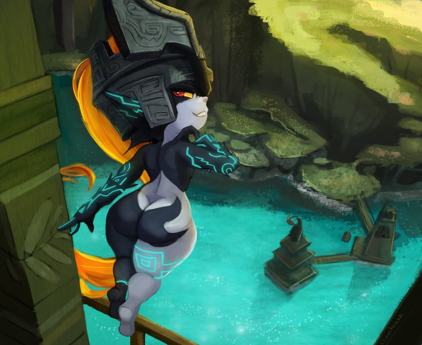 1girls ass big_ass cranihum female female_only floating imp_midna looking_at_viewer looking_back mask midna orange_hair shortstack smile solo the_legend_of_zelda thick_thighs twilight_princess water wide_hips