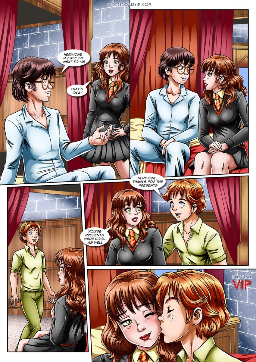 1girls 2boys bbmbbf bed bedroom brown_hair clothed comic female glasses harry_james_potter harry_potter hermione_granger hogwarts_school_uniform human indoors kissing_cheek male necktie pajamas palcomixvip.com red_hair ron_weasley school_uniform skirt