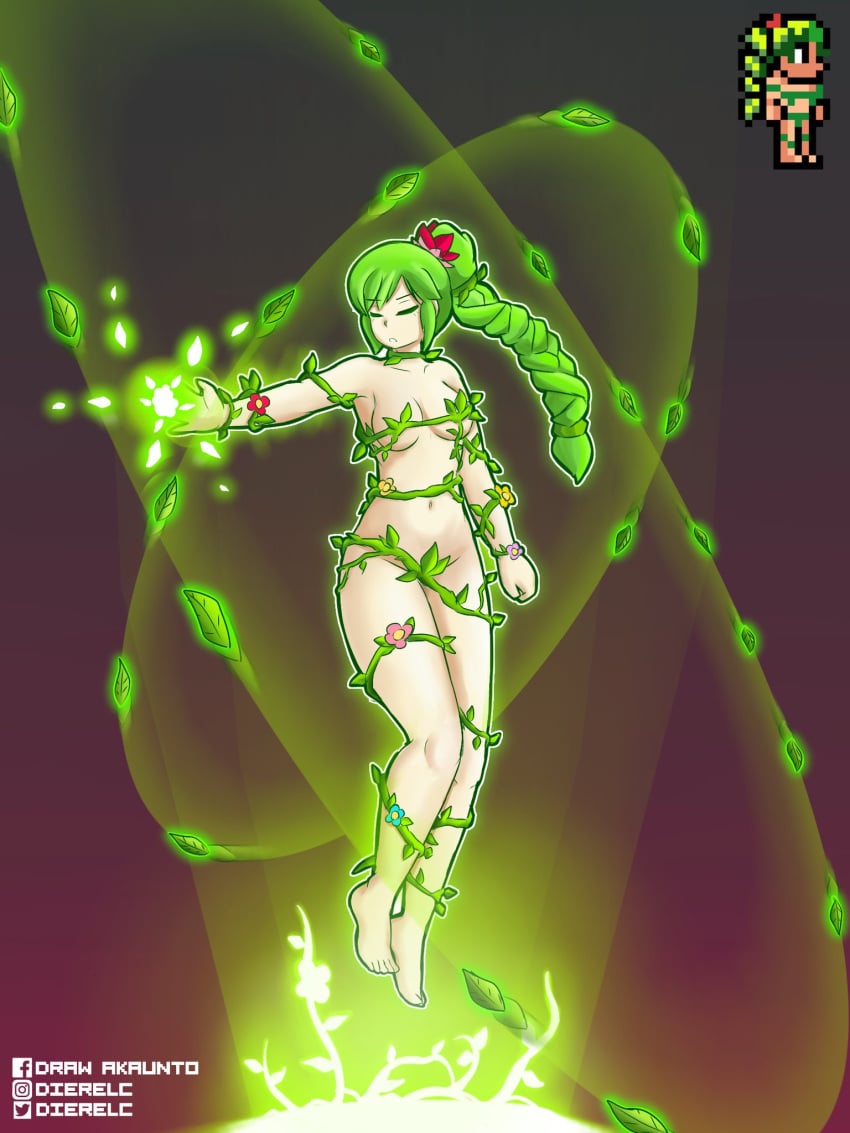 artist_name background blue_flower breasts_covered clothed colored covered_pussy curvy curvy_females dierelc dryad_(terraria) female female_only fingers flora_fauna flower green_hair hair half-dressed half_naked leaf leaf_clothing leaf_on_breast long_hair plant plant_girl purple_flower red_flower solo solo_female tagme teeth terraria thighs vine vines