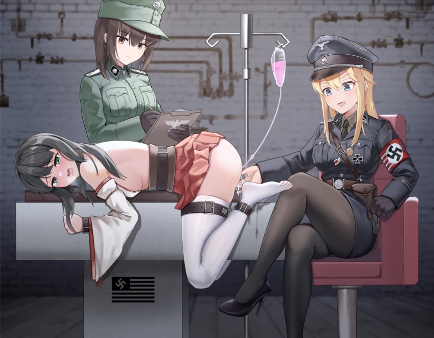 3girls ass belt_bondage black_hair blonde_hair blue_eyes bondage brown_hair crossed_legs enema fingering gloves hat heels iv_bag laying_down military_uniform multiple_girls nazi on_stomach open_mouth pussy_juice pussy_juice_drip restrained sadism sideboob skirt stockings swastika thighs tied_to_table uniform watching yuri yuyou_(17089184)