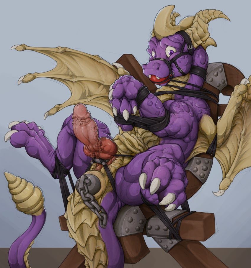 absurd_res activision ball_gag bondage bound bound_male buttplug chained_buttplug erection feral gag genitals hi_res knot male membrane_(anatomy) membranous_wings muscular muscular_male penis plug_(sex_toy) purple_eyes sex_toy solo spread_legs spreading spyro spyro_the_dragon stretched_anus tochka vein veiny_penis wings