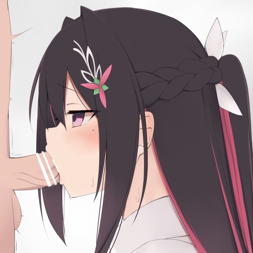 1boy absurdres azki_(hololive) choumei_(qca012005) fellatio female hair_ornament highres hololive hololive_gen_0 hololive_japan long_hair multicolored_hair oral penis simple_background sweat virtual_youtuber