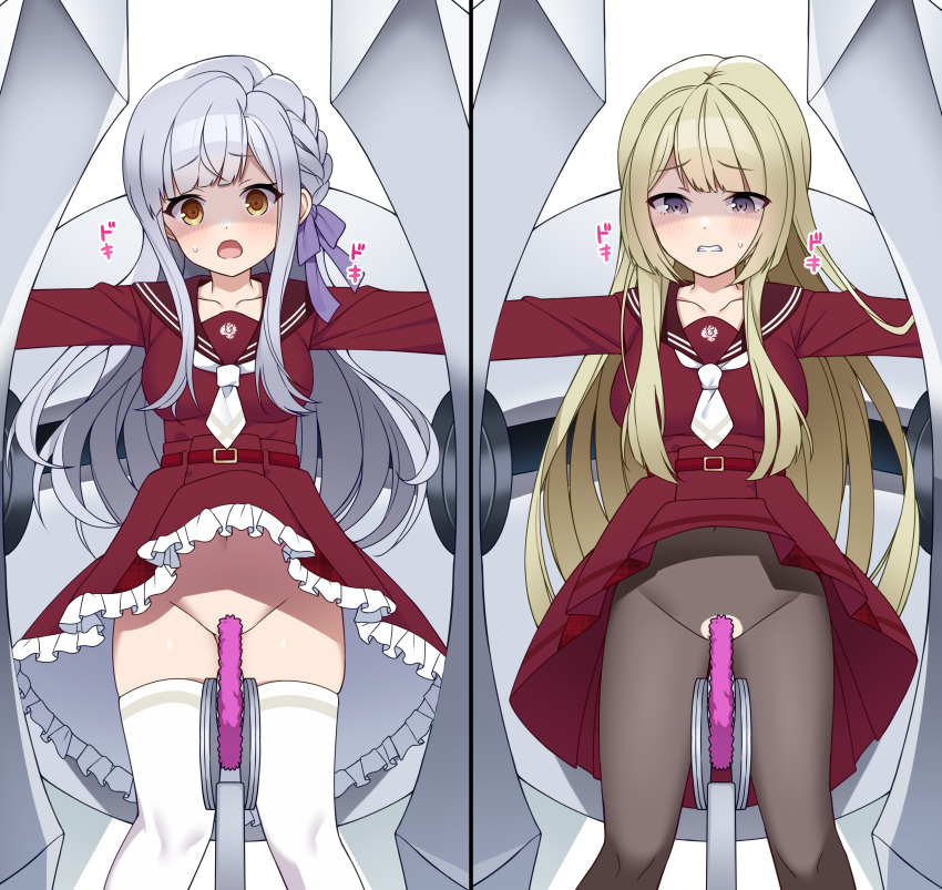 2girls absurdres assault_lily belt belt_buckle blonde_hair blunt_bangs blush braid brown_pantyhose brown_sailor_collar buckle clenched_teeth clothes_lift collarbone commentary_request commission feet_out_of_frame female female_only frilled_skirt frills grey_hair hair_ribbon hands_up high-waist_skirt highres imminent_penetration imminent_vaginal kanba_girls_high_school_uniform kon_kanaho long_hair long_sleeves looking_at_viewer miniskirt miyagawa_takane monster multiple_girls navel necktie no_panties open_mouth outstretched_arms pantyhose parted_lips purple_eyes purple_ribbon raised_eyebrows red_belt red_shirt red_skirt restrained ribbon sailor_collar school_uniform serafuku sex_machine shaded_face shirt short_necktie side_braid sidelocks simple_background single_braid skeb_commission skirt skirt_lift standing sweatdrop teeth thighhighs torn_clothes torn_pantyhose umi!_(umidigda_kawaii) very_long_hair white_background white_necktie white_thighhighs yellow_eyes