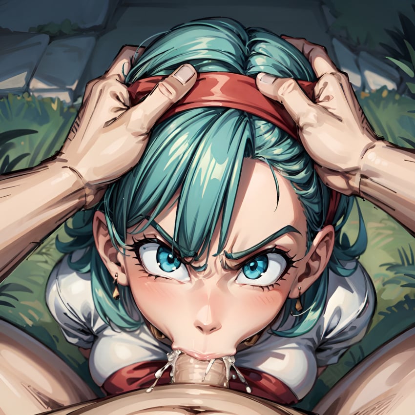 1girls ai_generated angry angry_face angry_fellatio arbitrary blowjob blunt_bangs bulma bulma_briefs cum cum_in_mouth deepthroat dragon_ball dragon_ball_z face_fucking fellatio female_focus forced_oral green_eyes green_hair hand_on_head head_grab hi_res oral oral_creampie penis_in_mouth pov pov_eye_contact son_goku stable_diffusion throat_fuck