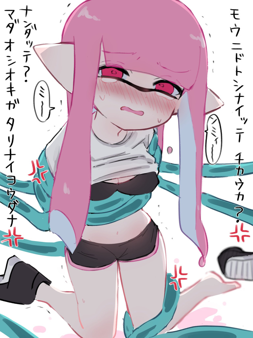 1girls bangs black_bra blunt_bangs blush bra breasts cleavage dolphin_shorts inkling inkling_girl japanese_text jellyfish_(splatoon) long_hair navel one_shoe one_shoe_on open_mouth pink_eyes pink_hair pointy_ears restrained shirt shirt_lift shorts splatoon splatoon_(series) tamanya tentacle tentacle_molestation tentacle_rape tentacles