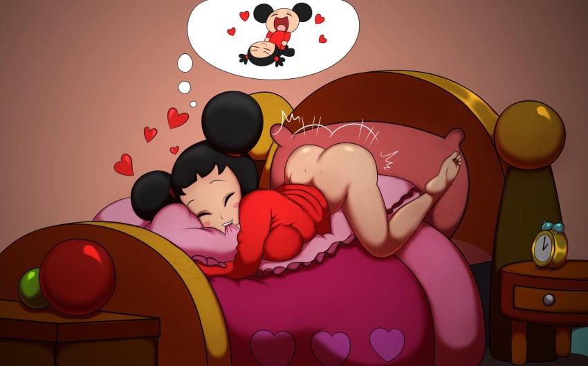 1girls ass ass_up big_ass big_butt double_bun dreaming feet female garu heart masturbation oddrich on_bed pillow pillow_grab pucca pucca_(franchise) sweat thinking