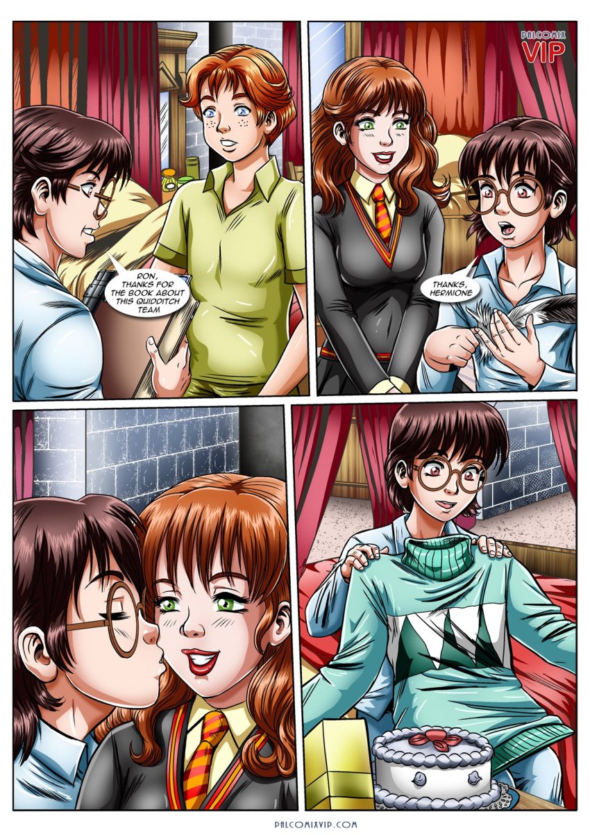 1girls 2boys bbmbbf bed bedroom book brown_hair clothed comic female glasses harry_james_potter harry_potter hermione_granger hogwarts_school_uniform human indoors kissing_cheek male necktie pajamas palcomixvip.com quill red_hair ron_weasley school_uniform skirt sweater