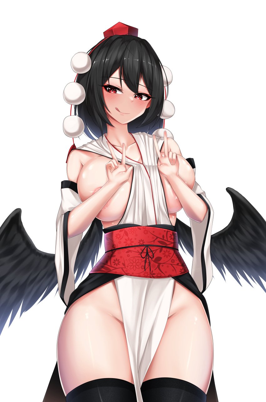 :q absurdres areola_slip between_breasts black_hair black_thighhighs black_wings blush breasts closed_mouth clothes_between_breasts commentary_request covering_breasts covering_privates cowboy_shot detached_sleeves feathered_wings female hat highres japanese_clothes kourindou_tengu_costume large_breasts leo23 long_sleeves looking_at_viewer low_wings medium_bangs no_bra no_panties obi pom_pom_(clothes) red_eyes red_sash sash shameimaru_aya short_hair simple_background smile solo thighhighs tokin_hat tongue tongue_out touhou v w white_background wide_sleeves wings