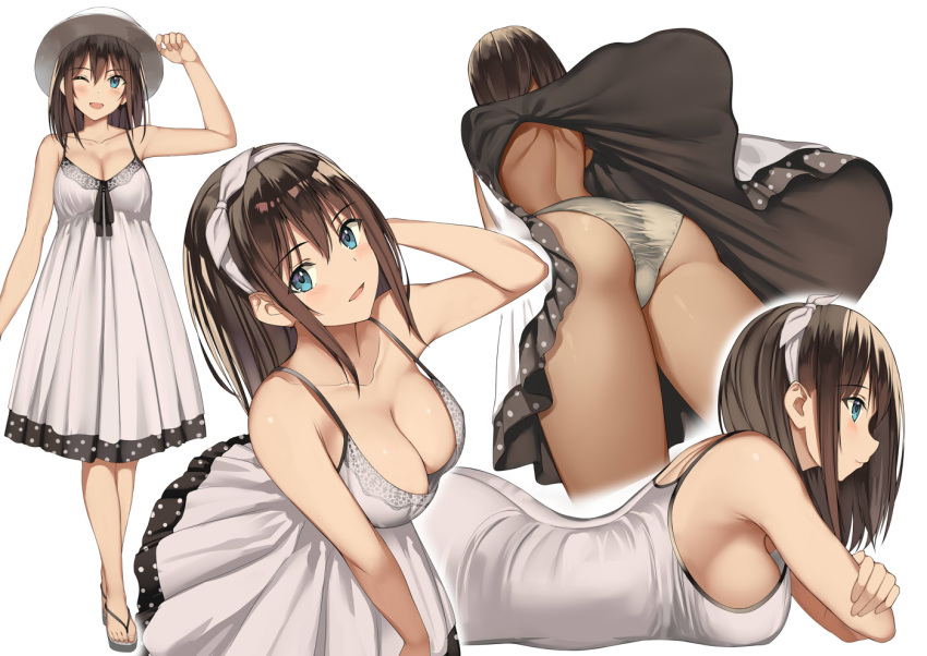 ;d armpits ass bare_arms bare_shoulders blue_eyes breasts brown_hair clavicle cleavage dress female female grey_panties hair_ornament hair_ribbon hat kureha_(ironika) large_breasts long_hair looking_at_viewer multiple_views one_arm_up one_eye_closed open_mouth original pantsu ribbon shoulder_blades sideboob simple_background sleeveless sleeveless_dress smile spaghetti_strap sun_hat sundress thighs tsubasa_(kureha) underwear upskirt viewed_from_below white_background white_dress wink