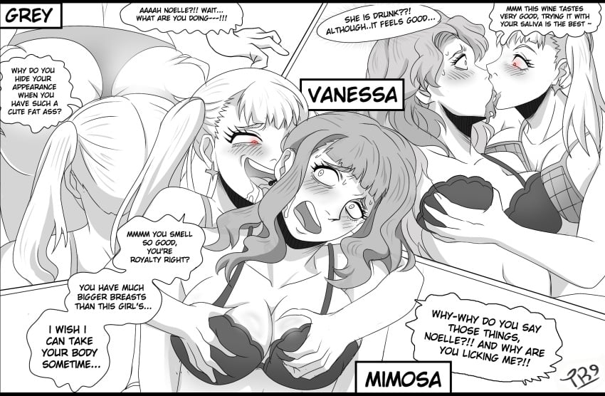 2girls big_ass big_breasts black_clover english_text female female_only grey_(black_clover) licking_lips mimosa_vermillion monochrome multiple_girls noelle_silva possessed possession text traner9 vanessa_enoteca yuri