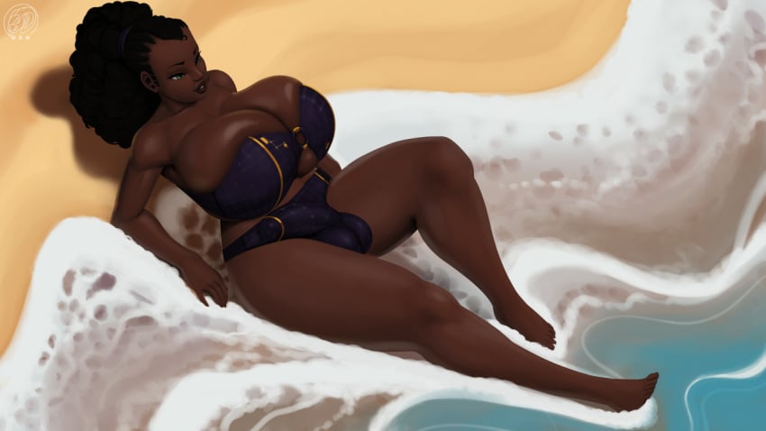 1futa 2d 2d_(artwork) abigail_owens_(superscrub) artist_logo beach beach_background black_hair black_hair_futa black_hair_green_eyes breasts bulge bulge_through_clothing bursting_breasts cleavage cornrows curly_hair dark-skinned_futanari dark_skin erection_under_clothes futa_only futanari golden_bikini_bottom golden_bikini_top green_eyes hairbow huge_breasts long_hair lying lying_on_back neozoa nz_naughty o-ring_top original_character parted_lips penis_under_clothes poofy_hair purple_bikini purple_bikini_bottom purple_bikini_top purple_swimsuit sand solo solo_futa thick_thighs wide_hips