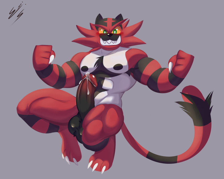 5:4 anthro balls blush bodily_fluids charlieleobo digital_media_(artwork) erection felid fur generation_7_pokemon genitals hi_res incineroar male male/male mammal muscular muscular_anthro muscular_male nintendo nipples nude penis pokemon pokemon_(species) red_body red_fur simple_background solo teeth