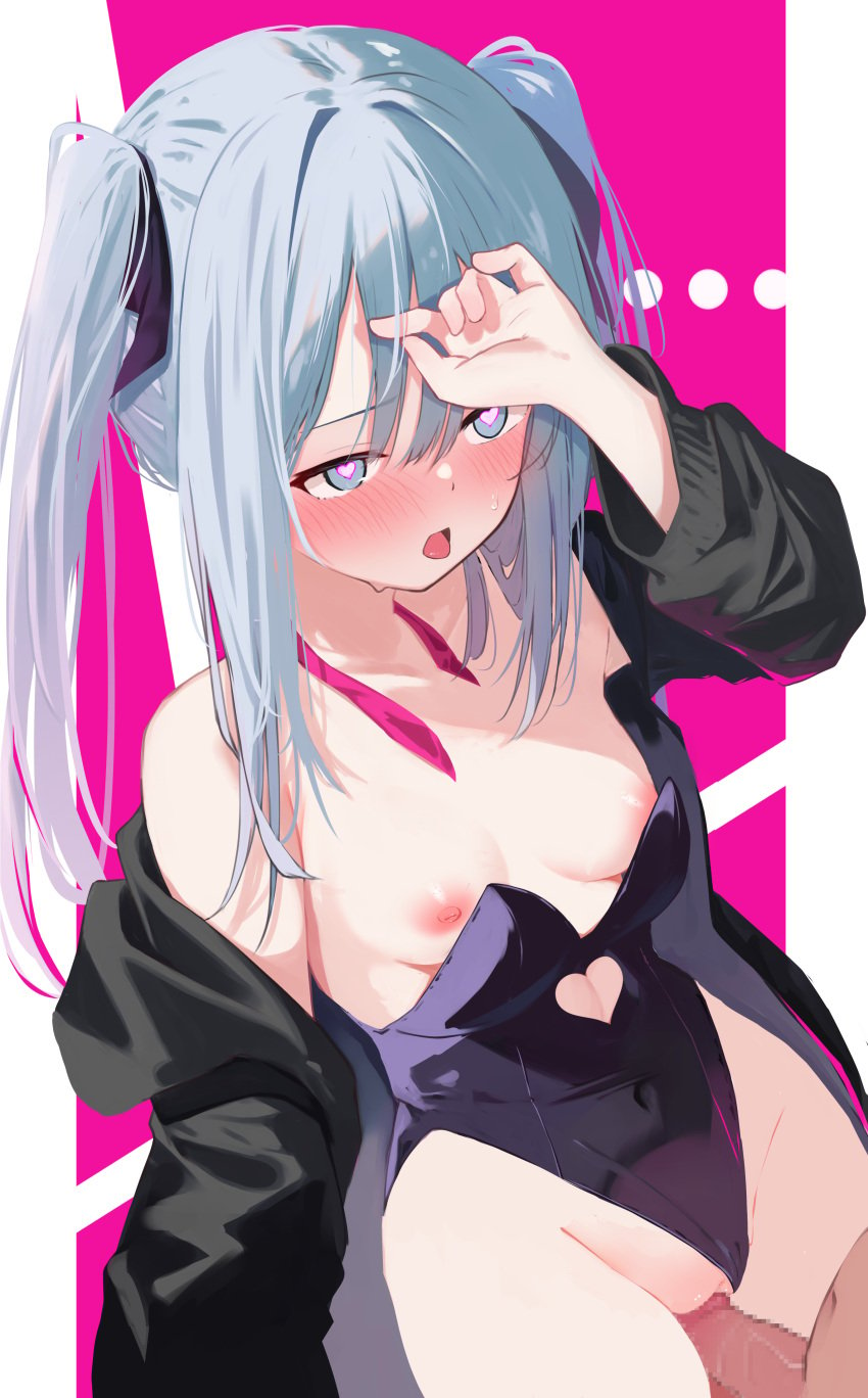 ... 1boy absurdres aqua_hair bare_shoulders black_jacket black_leotard blue_eyes blush breasts cleavage clothing_cutout covered_navel female hatsune_miku heart_cutout highres jacket large_breasts leotard long_sleeves looking_to_the_side memekko mv_character nipples open_mouth pantyhose penis pink_background playboy_bunny rabbit_hole_(vocaloid) solo_focus straight sweat tongue tongue_out twintails two-tone_background vocaloid