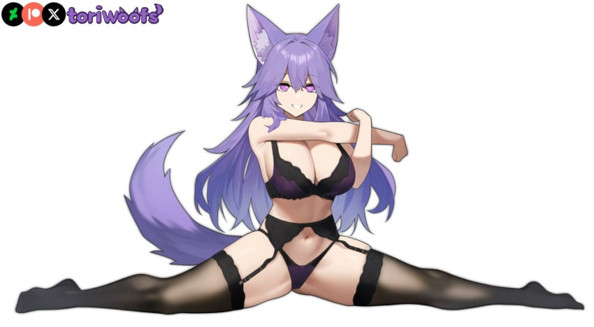 1girls ai_generated big_breasts bra breasts curvy cute dog_ears dog_girl doggirl female female_focus female_only highres hips huge_boobs huge_breasts kemonomimi light_skin light_skinned_female lingerie long_hair patreon_username petgirl petite purple_ears purple_eyes purple_hair purple_tail splits stretching thick_thighs thighs tori toriwoofs watermark wavy_hair white_background wide_hips wolf_ears