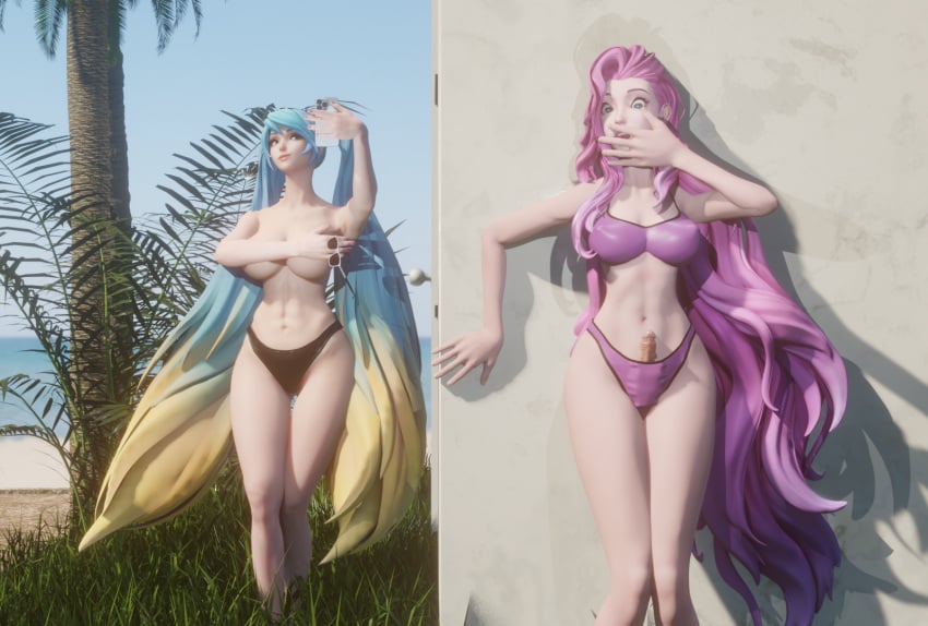 1futa 1girls 3d beach erection_under_clothes female futanari hand_over_mouth huge_breasts league_of_legends penis penis_out selfie seraphine_(league_of_legends) sona_buvelle toxictoilet unwanted_erection voluptuous_female