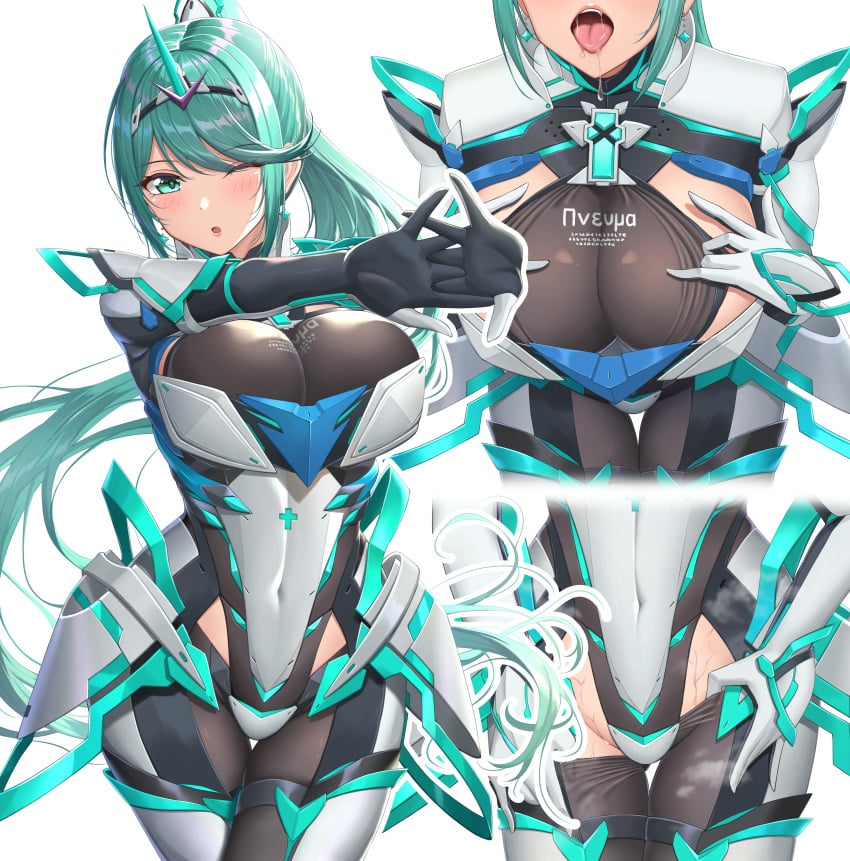 1girls armor bangs blush colored covered_breasts covered_navel drooling earrings female gem gloves green_eyes green_hair hair_ornament headpiece huge_breasts jewelry large_breasts long_gloves navel nintendo pneuma pneuma_(xenoblade) ponytail saliva shoulder_armor sssemiii stretching sweat swept_bangs tagme thick_thighs thighhighs tiara tight_clothing tights very_long_hair wink xenoblade_(series) xenoblade_chronicles_2