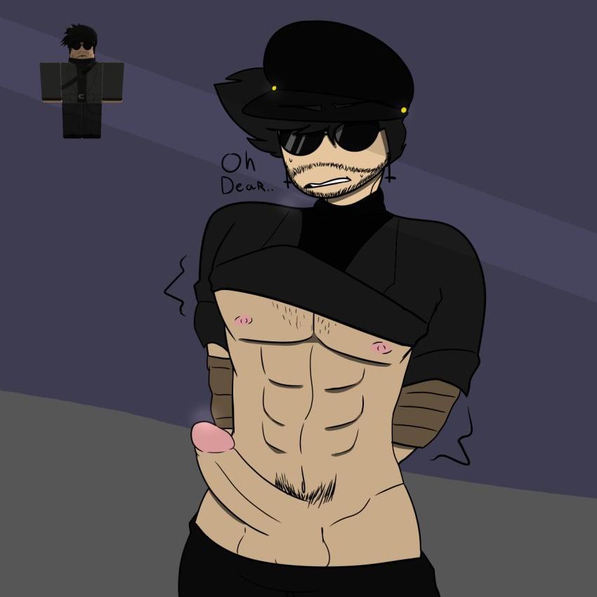 1boy abs areolae arms_behind_back balls big_penis black_hair black_hat black_shirt chest_hair clothing dialogue earrings english_text erect_penis erection goskydive hat male male_only nipples penis penis_out pubic_hair reference_image reference_inset roblox roblox_avatar self_upload shirt shirt_up short_hair simple_background six_pack solo solo_male standing sunglasses text tied tied_arms