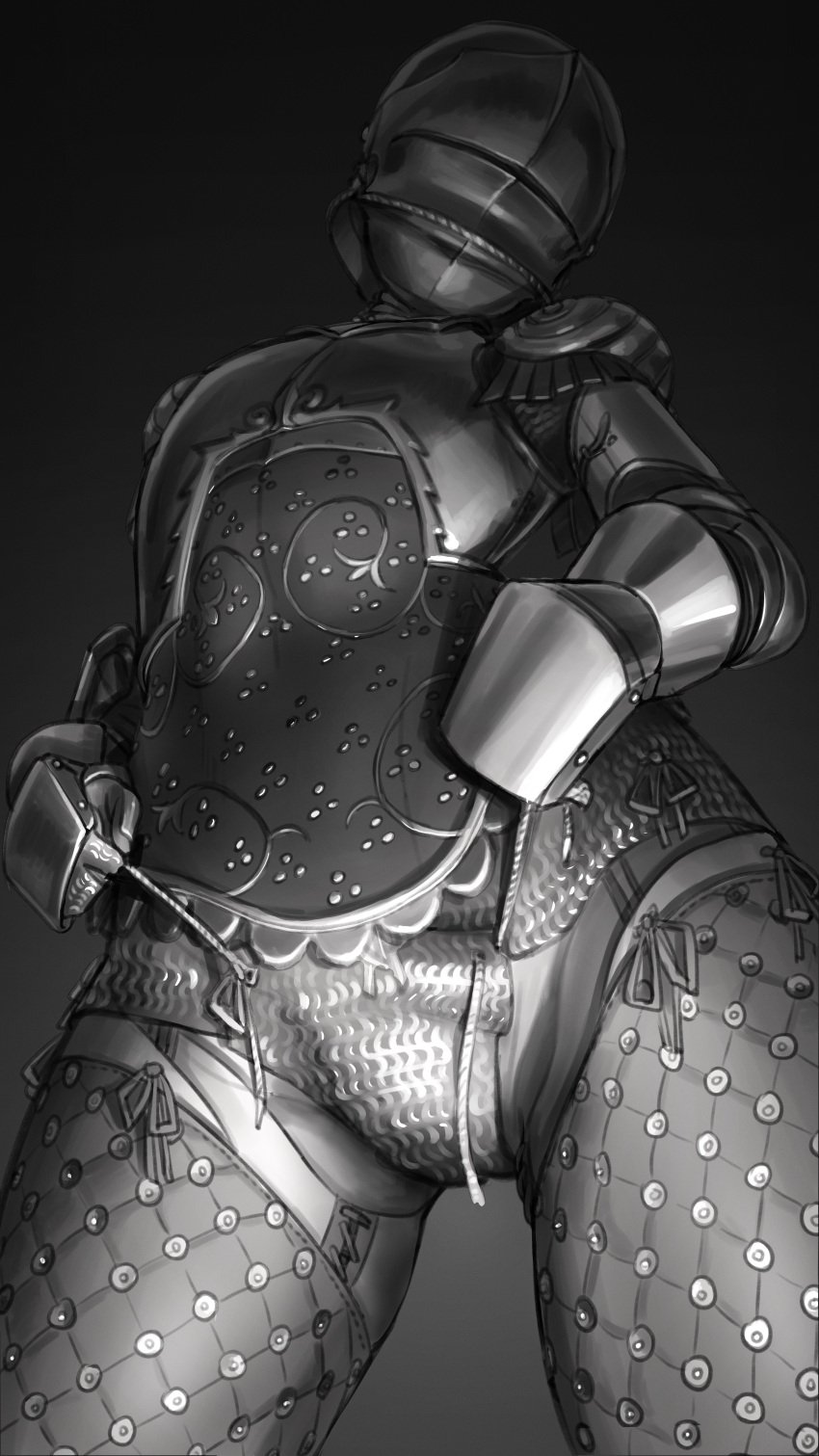 1girls 9:16 absurd_res armor armour black_and_white chainmail female female_focus female_knight female_only gauntlets helmet hi_res knight looking_at_viewer looking_down medieval_armour sallet showing_off wassnonnam