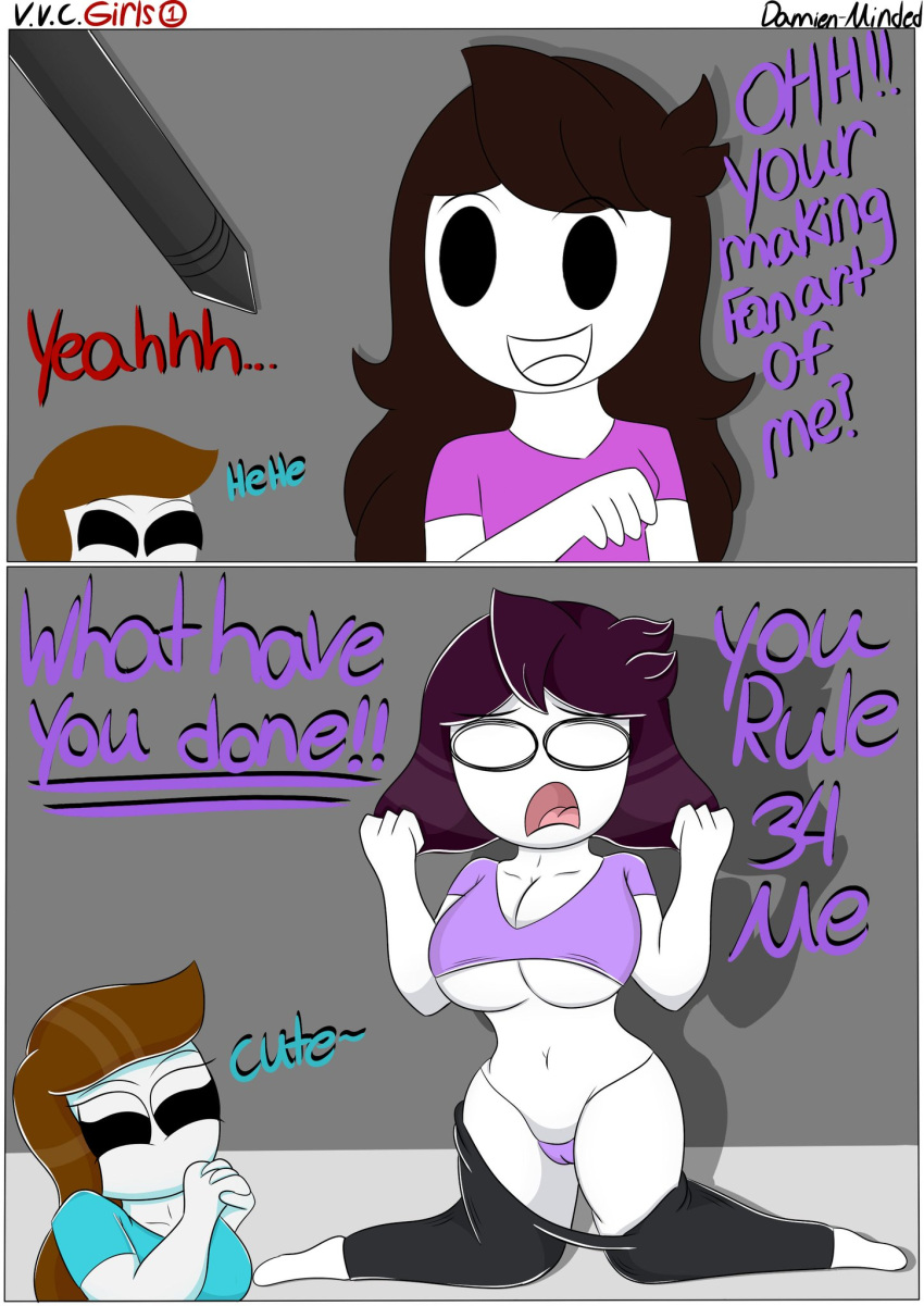 1boy 1girls breast_expansion brown_hair damienminded dialogue english_text female hetero heterosexual huge_breasts jaiden jaiden_animations jaidenanimations let_me_explain_studios oh_no!! panties pants_down rebecca_parham rule_34_(booru) tablet_pen tagme text transformation youtube youtuber