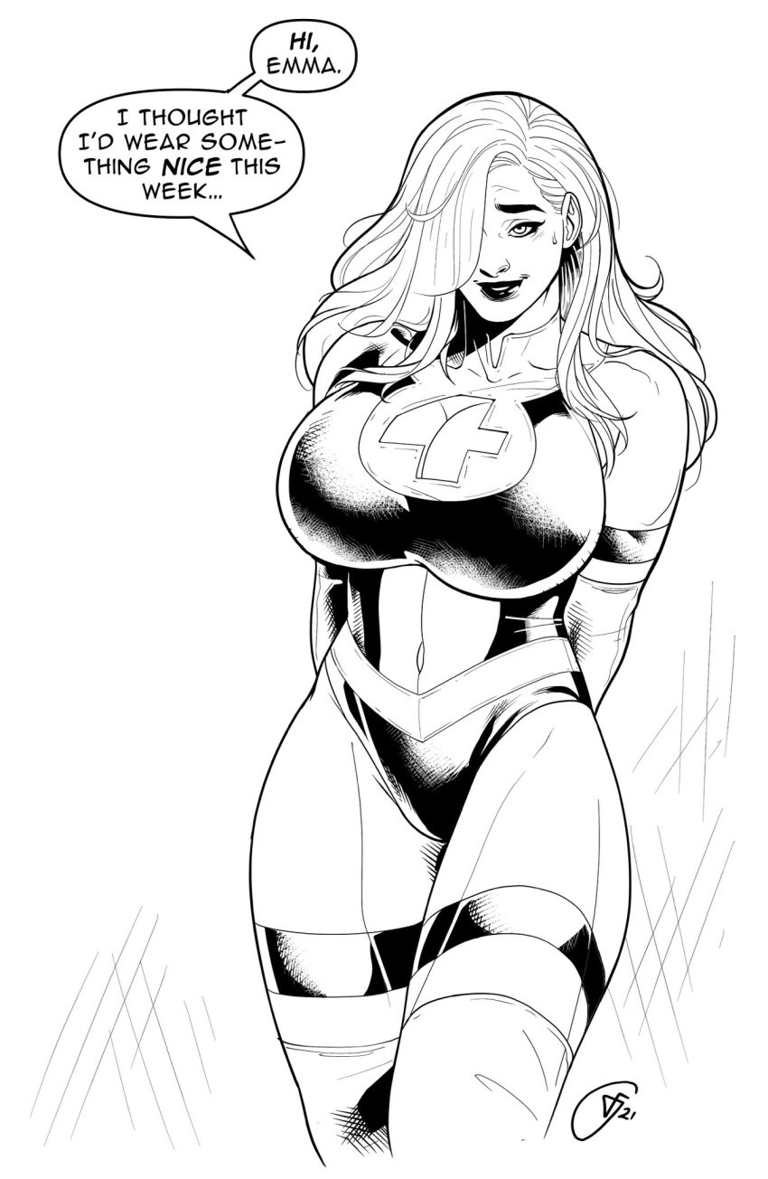 1girls 2021 big_breasts boob_window cleavage emma_frost fantastic_four female female_only freeglass hair_over_one_eye huge_breasts human human_only invisible_woman leotard lesbian marvel offscreen_character shy skimpy solo speech_bubble sue_storm sue_storm_90s_costume superheroine thick thick_thighs thighhighs tight_clothing voluptuous voluptuous_female x-men yuri