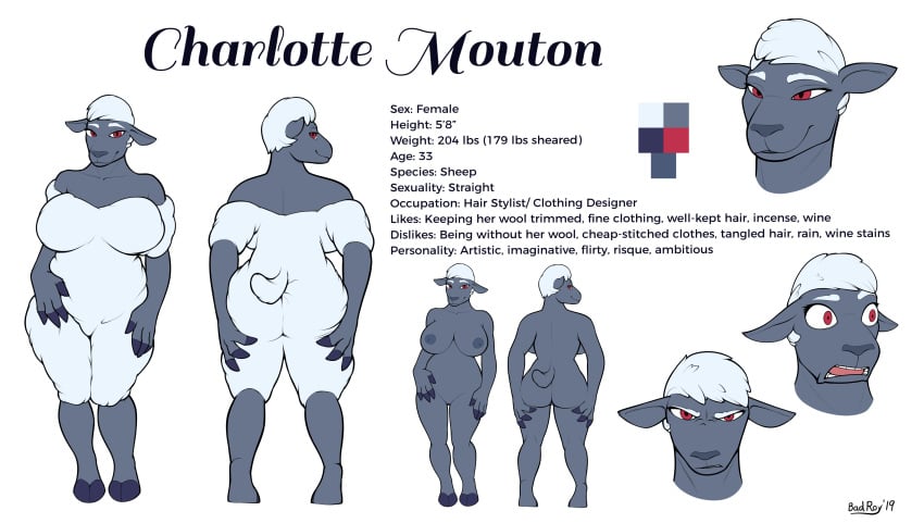 absurd_res anthro ass badroy big_breasts big_butt bovid breasts caprine charlotte_mouton cloven_hooves english_text female frown fur genitals grey_body hair hi_res hooves mammal model_sheet pussy red_eyes shaved_pussy sheep shocked smile solo standing text white_hair wool_(fur)