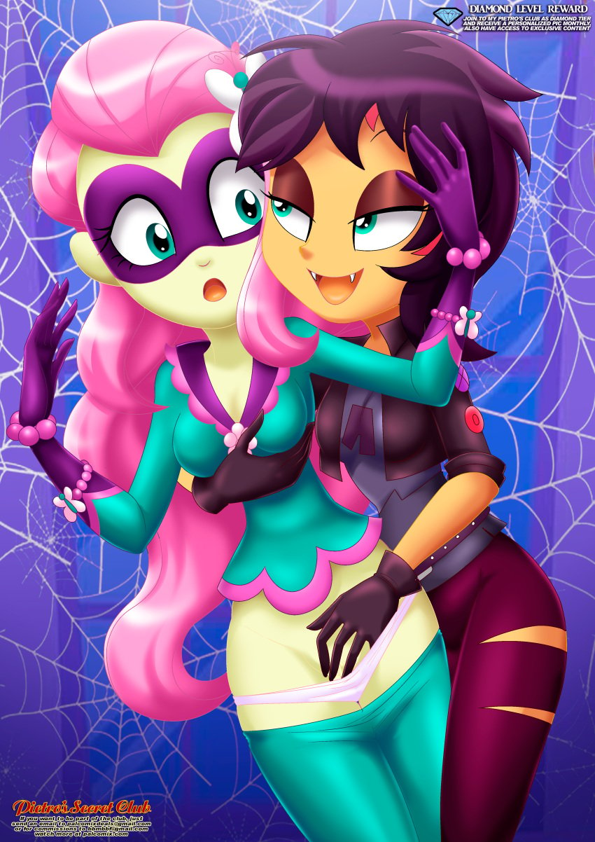 2girls bbmbbf clothed clothed_female cosplay diamond_level equestria_girls fangs female female/female female_only fingering fingering_pussy fluttershy_(eg) fluttershy_(mlp) friendship_is_magic gloves hair_on_head hasbro long_hair mask masturbation mostly_clothed mostly_clothed_female my_little_pony palcomix panties pants pants_down pietros_secret_club saddle_rager_(mlp) sunset_shimmer vampire_costume wig yuri