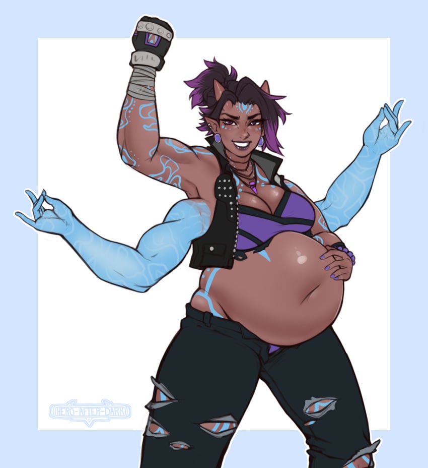 4_arms amara_(borderlands) bbw belly bodypaint borderlands borderlands_3 chubby cosplay dark_skin hero-after-dark horn indian inflated_belly inflation multi_arm multi_limb pointy_ears pregnant purple_hair ripped_clothing stuffed_belly stuffing