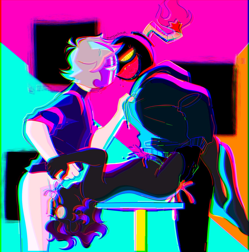 black_skin blue_skin color competition dark_gray_skin eye_strain eyestrain friday_night_funkin gay glitchcore monstrfreek purple_hair ruv_(dokki.doodlez) scene scenecore table threesome white_hair white_skin whitty_(sock.clip)