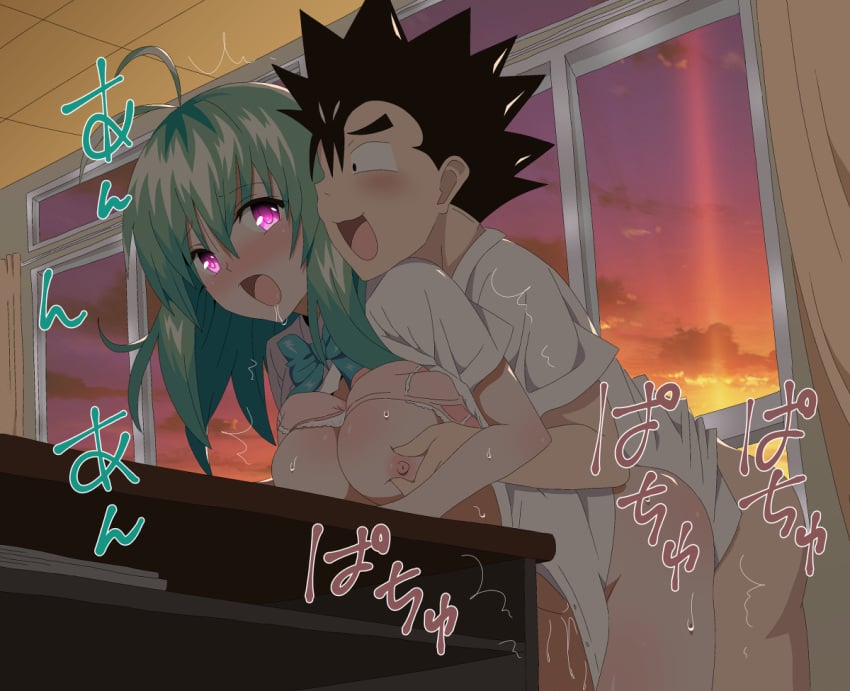 1boy 1boy1girl 1girls against_table big_breasts black_hair breasts classroom female female/male female_penetrated from_behind green_hair light_skin looking_at_another netorare nipples pale_skin partially_clothed purple_eyes run_elsie_jewelria saruyama_kenichi school_uniform sex spiked_hair straight submissive sunset to_love-ru utsubi