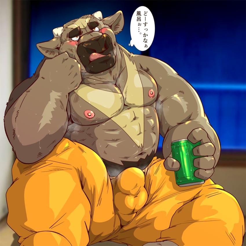 1boy 2021 5_fingers alcohol alcoholic_beverage anthro anthro_only balls_outline blush blushing bodily_fluids bottomwear bovid bovine brown_body brown_fur bulge can cattle clothing dad_bod dadbod drug drug_use drunk feet_out_of_frame flaccid_penis fur furry furry_only genital_outline hi_res humanoid_hands japanese_text kemono male male_only mammal moobs musclegut nipples pants penis_outline raichoclub sitting solo sweat text tongue