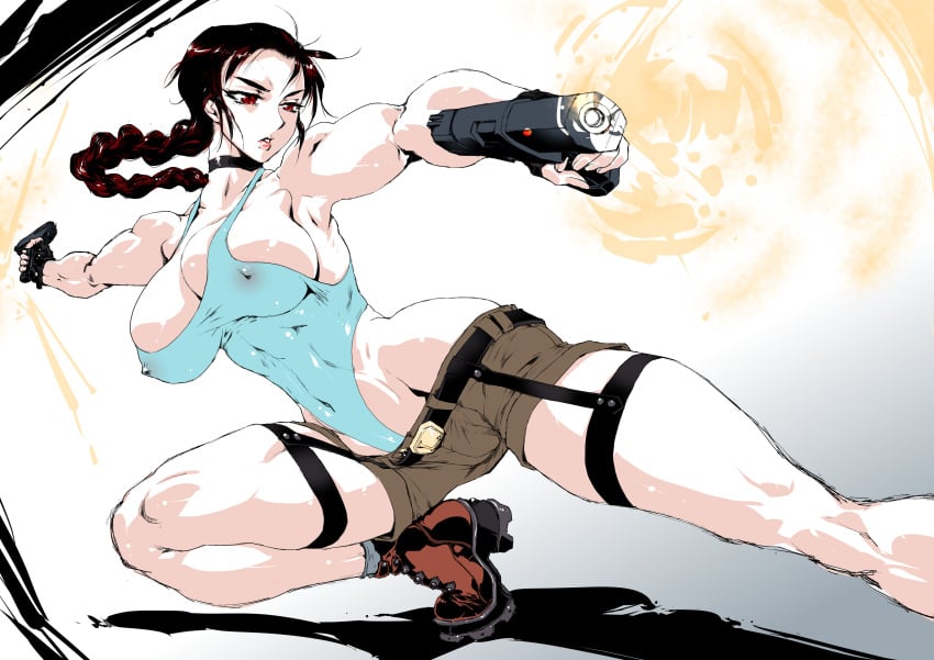 action_pose athletic athletic_female belt big_breasts breasts bursting_breasts busty cleavage clothing dual_wielding erect_nipples female firearm footwear full_body handgun handwear hourglass_figure human jewelry lara_croft lara_croft_(classic) large_breasts nipple_bulge no_eyewear overflowing_breasts pistol see-through see-through_clothing skimpy skimpy_clothes tagme tomb_raider weapon wide_hips yuri-ai