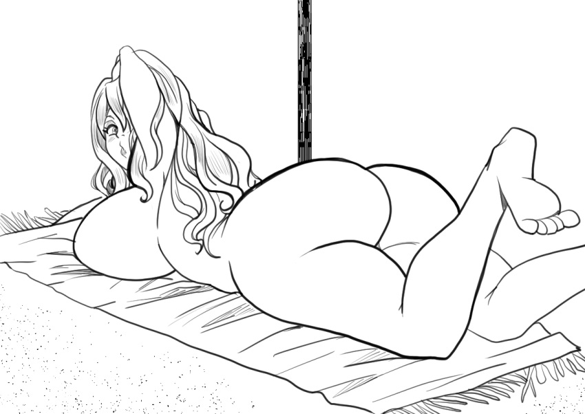 0ryomamikado0 1girls ass beach beach_towel black_and_white bubble_butt curvy female huge_ass huge_breasts laying_down looking_back lying_on_stomach mikado_ryouma mrlncon naked naked_female nude nude_female original original_character plump voluptuous