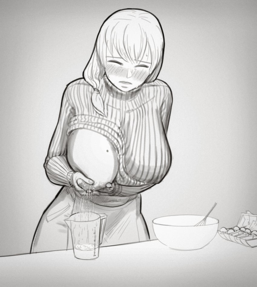 beauty_mark belly belly_button big_breasts blush breast_grab breast_squeeze breasts closed_eyes clothed clothing clothing_lift cooking exposed_breasts lactating_in_glass lactation milking pullover skirt sweat sweatdrop tied_hair wassnonnam