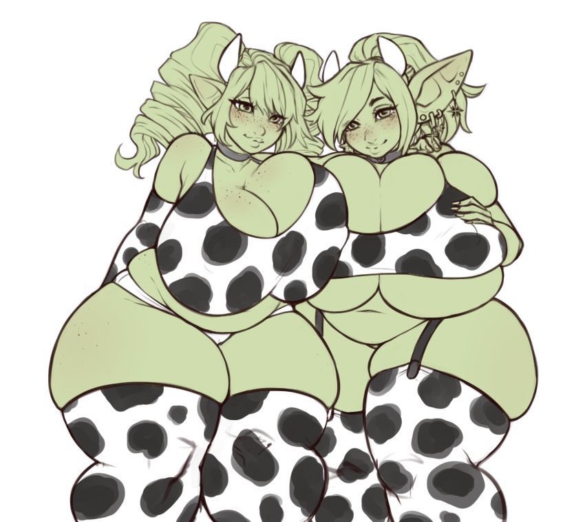 2girls big_breasts blush chubby cow_print cute drill_hair goblin goblin_female green_skin hero-after-dark horns lingerie long_gloves massive_breasts piercing pointy_ears ponytail shortstack sketch smiling_at_viewer squish suspenders thick_thighs thighhighs thighs twintails underboob underwear