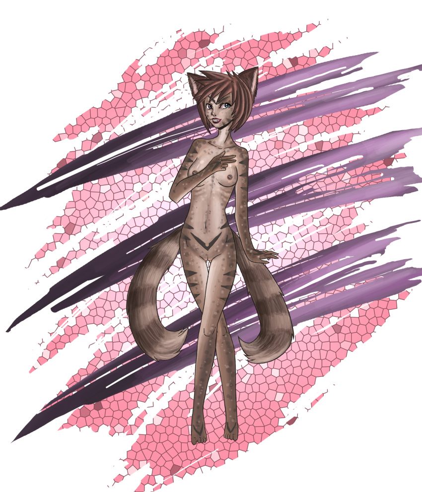 2012 2_tails animal_ears anthro black_fur breasts brown_fur brown_hair feline female fur grass green_eyes hair heterochromia hi_res mammal multiple_tails navel nelya nipples nude purple_eyes pussy raptor007 stripes tiger