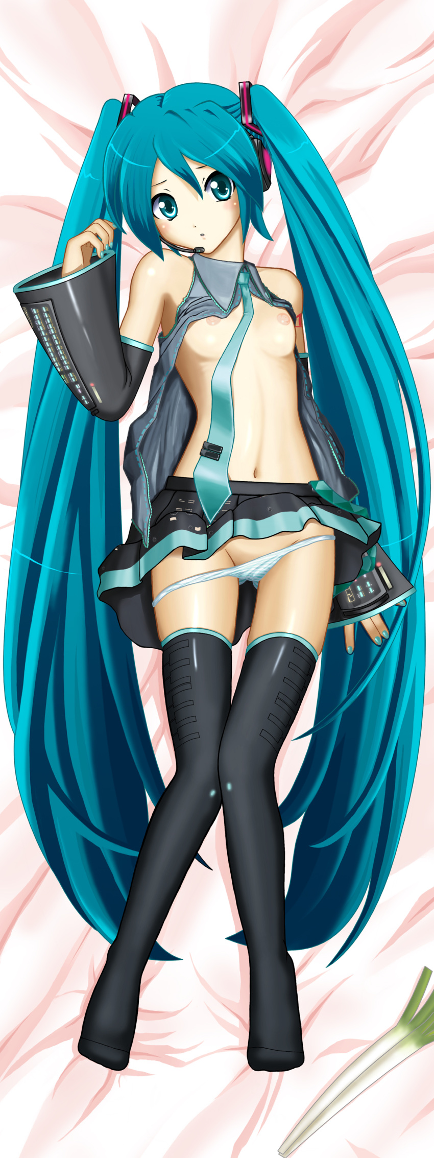 1girls aqua_eyes aqua_hair breasts dakimakura detached_sleeves female hatsune_miku high_resolution legs long_hair looking_at_viewer lying necktie nipples on_back panties panty_pull skirt solo sora_(aki00) spring_onion striped striped_panties thighhighs tied_hair twintails underwear very_long_hair vocaloid zettai_ryouiki