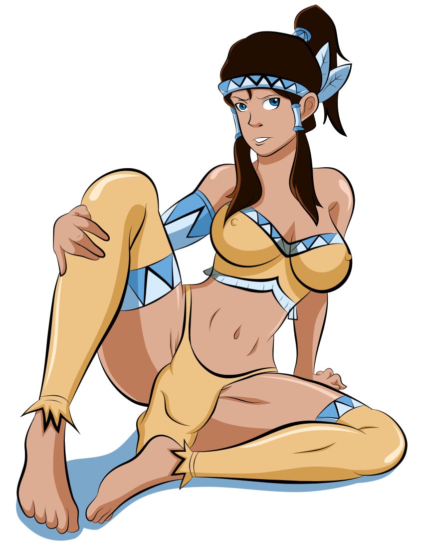 1girls avatar_legends brown_skin clothing cosplay dark-skinned_female dark_skin erect_nipples erect_nipples_under_clothes female female_only human korra large_breasts pervyangel presenting smiling solo stockings straight_hair the_avatar the_legend_of_korra water_tribe white_background