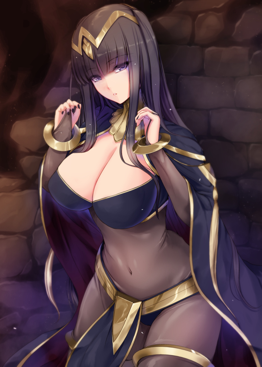 1girls bangs big_breasts black_hair black_nails black_panties bodystocking breasts bridal_gauntlets cape cleavage commentary_request covered_navel female fingernails fire_emblem fire_emblem_awakening highres jewelry kirishima_satoshi large_breasts loincloth long_hair long_sleeves looking_at_viewer nail_polish nintendo panties parted_lips pelvic_curtain purple_eyes shiny shiny_clothes shiny_hair simple_background skin_tight solo tharja_(fire_emblem) tiara turtleneck underwear