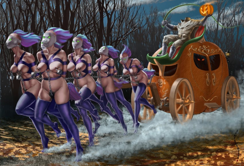 5girls arms_behind_back bondage bound_together breasts carriage female femsub halloween headless_horseman jack-o'-lantern mask multiple_girls multiple_subs nipples ponygirl pulling_carriage pumpkin synthean tagme